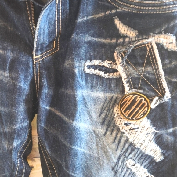 AFFLICTION Flapover BLAKE Black Premium Distressed Patches Y2k Denim Jeans 36 EC - Picture 14 of 16